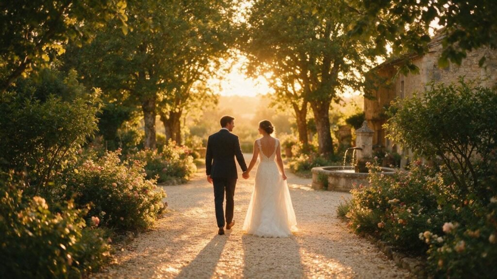 Couple de jeunes mariés main dans la main dans un jardin au coucher du soleil – préparer son mariage à Cholet avec l'atelier Au Fil d'Aur'